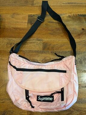 Supreme Pink Crossbody Bag with Black Strap and Zippers